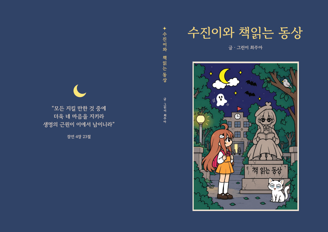 수진이와 책읽는 동상의 앞표지·책등·뒤표지 전체 디자인